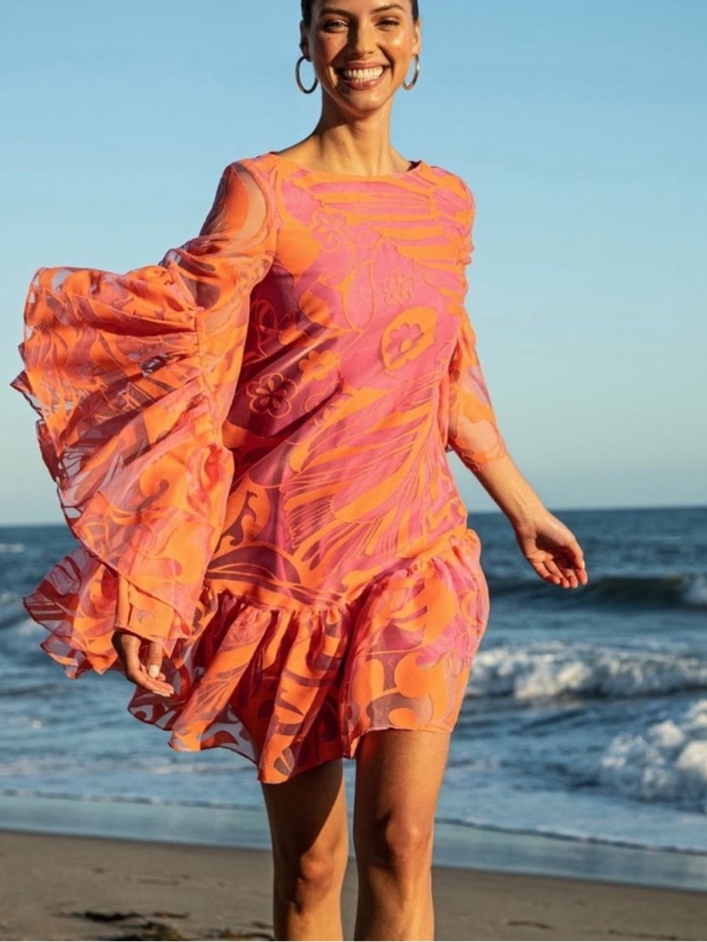 Trina Turk Resort Collection Vibrant Orange and Pink Ruffle Dress